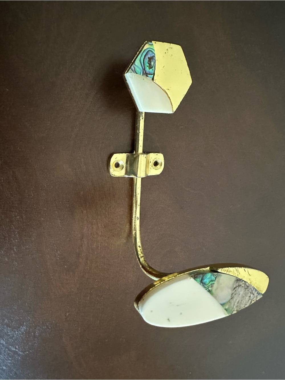 Anthropologie Brass Wall Hook with White and Abalone Inlay Gold Finish